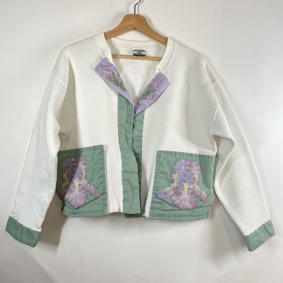Handmade Sweaters - Handmade Women's Sweatshirt Cardigan Floral Granny Church Cottagecore Size Large